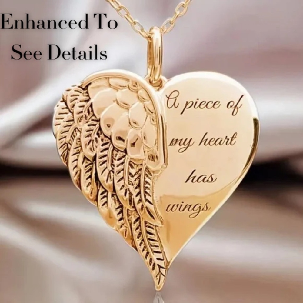 💖 Engraved Remembrance Wing & Heart Necklace NWT Gold Plated 💖Size is about 1"